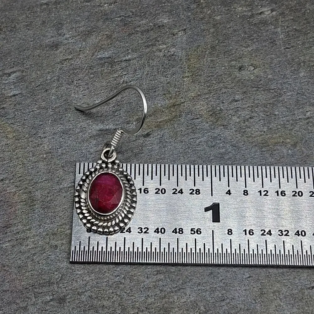 Sterling Silver Ruby Dangle Earrings 925 Bali Style Red Stone 1.25